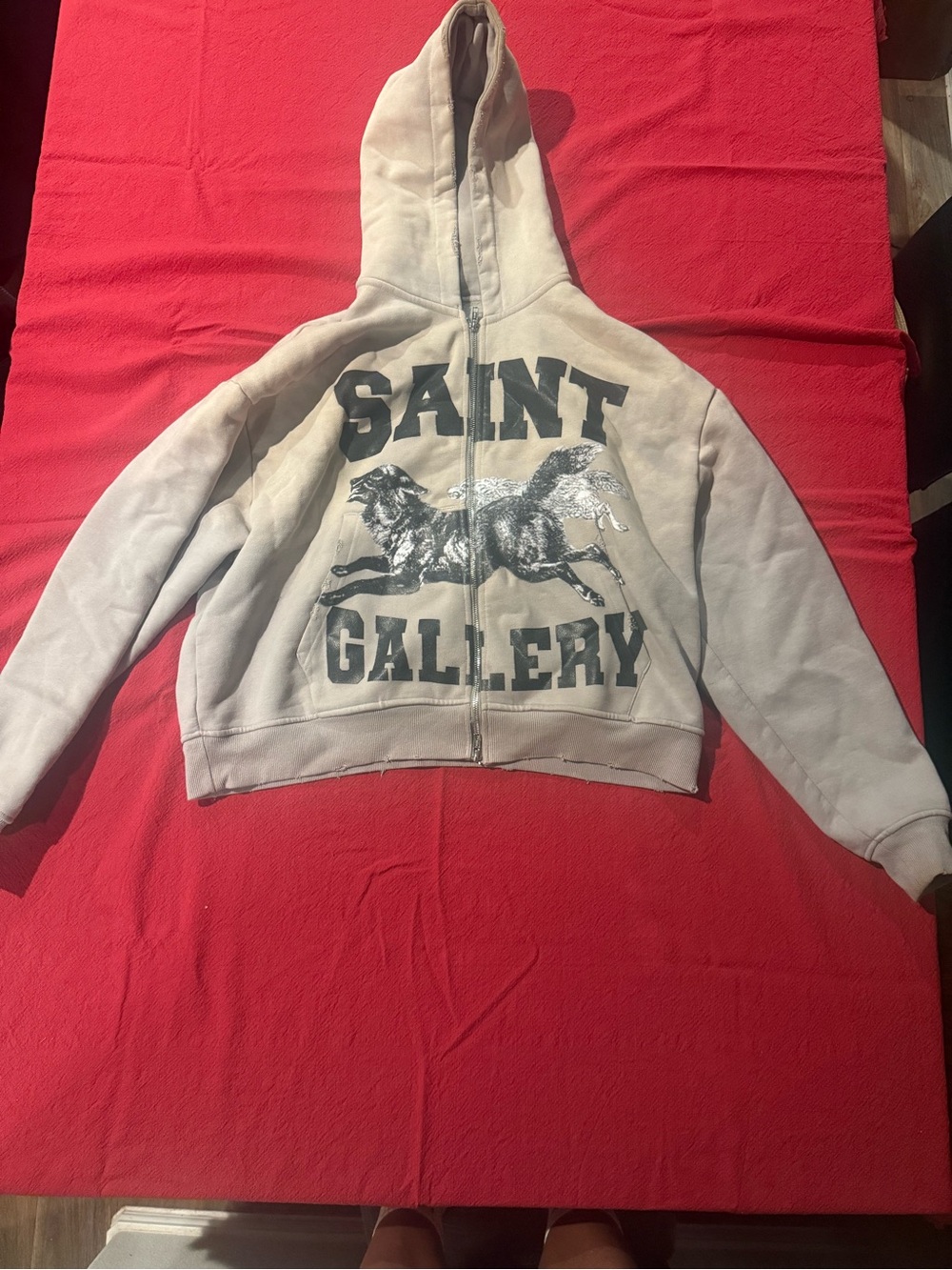 SAINT GALLERY Zip-Up Hoodie in Faded Beige with Black Print
